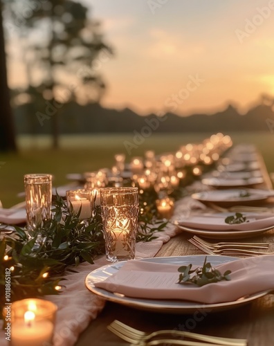Elegant outdoor dining setup with candles and greenery overlooking the sunset...