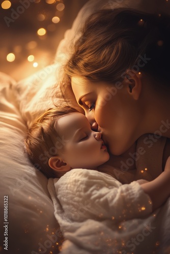 Mother and child share a tender moment with warm lights during a cozy nightti...