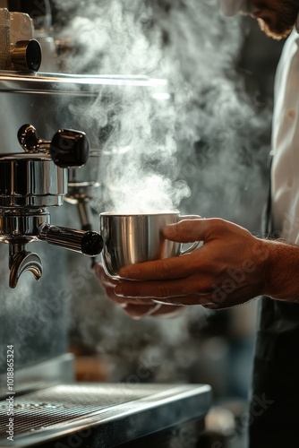 Brewing fresh espresso in a cozy kitchen with steam rising from the cup