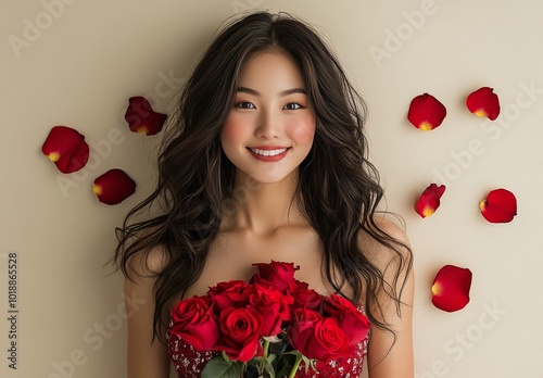 A young woman stands smiling while holding a bouquet of red roses