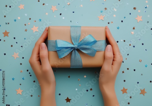 Hands holding a beautifully wrapped gift on a blue background with decorative...