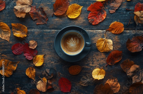 A cozy cup of coffee surrounded by autumn leaves on a wooden table in the aft...