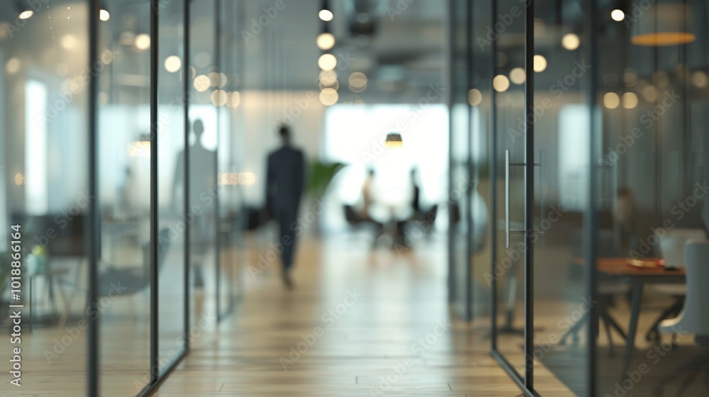 Modern office interior with glass walls and blurred silhouettes of workers, creating an atmosphere of transparency and collaboration in a bright, open workspace. Modern office interior with glass walls and blurred silhouettes of workers, creating an atmosphere of transparency and collaboration in a bright, open workspace.