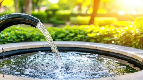 Water pours gracefully from a hose into a garden pond as the summer sun sets behind lush greenery photo