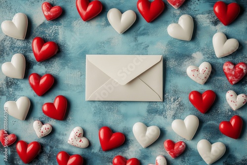Heart-shaped decorations frame a blue envelope on a pastel background for rom...
