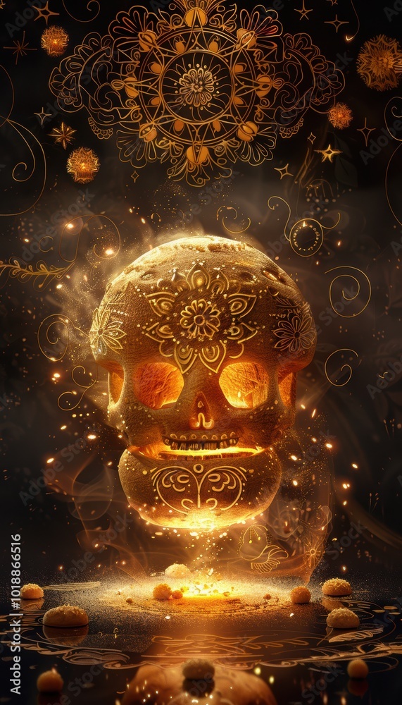Artistic Modern Advertisement for Pan de Muerto with Floating Bread and Traditional Mexican Patterns Artistic Modern Advertisement for Pan de Muerto with Floating Bread and Traditional Mexican Patterns