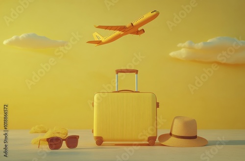 Travel essentials arranged beside a wall with a shadow, showcasing a suitcase...