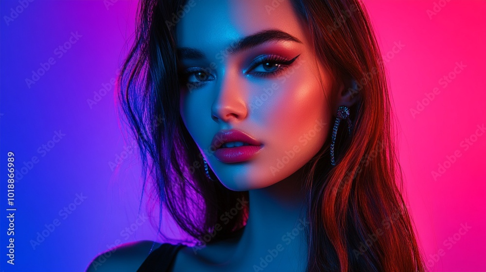 Vibrant neon portrait showcasing intense beauty with dramatic lighting, bold makeup, and piercing gaze, set against a striking blue and pink gradient background. Vibrant neon portrait showcasing intense beauty with dramatic lighting, bold makeup, and piercing gaze, set against a striking blue and pink gradient background.