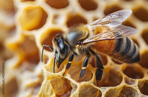 A close-up of a bee foraging on honeycomb in a sunny meadow during the daytime