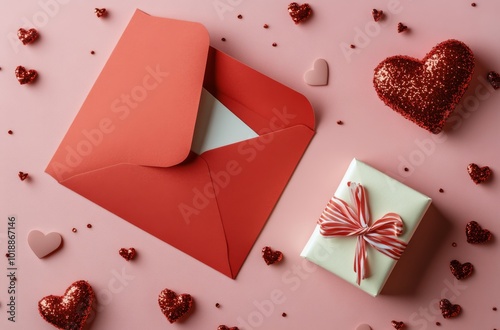 Red envelope and gift box surrounded by heart-shaped decorations for romantic...