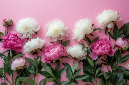 Beautiful arrangement of peonies in various shades on a soft pink background
