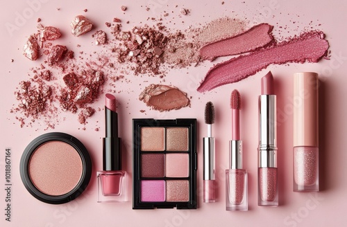 Variety of pink cosmetic products arranged on a pastel pink background for be...