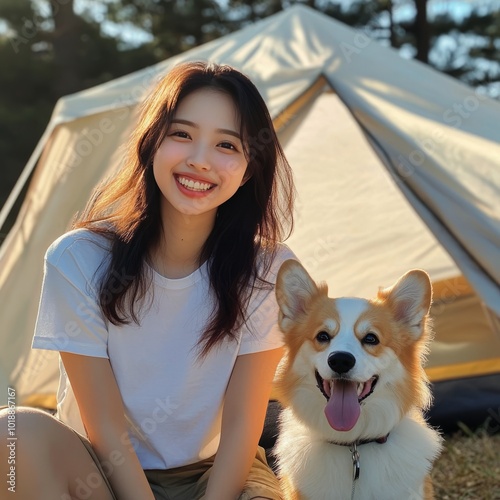 Cheerful woman enjoying a sunny day outdoors beside her happy corgi near a ca...
