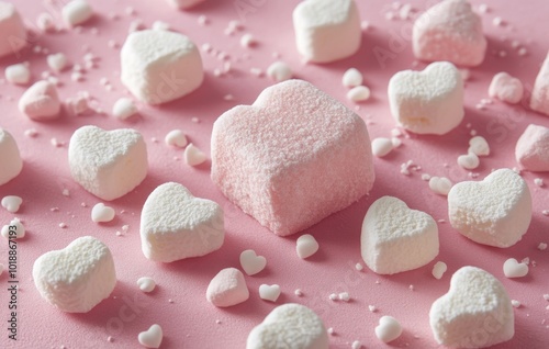 Heart-shaped marshmallows scattered on a soft pink background for a festive o...