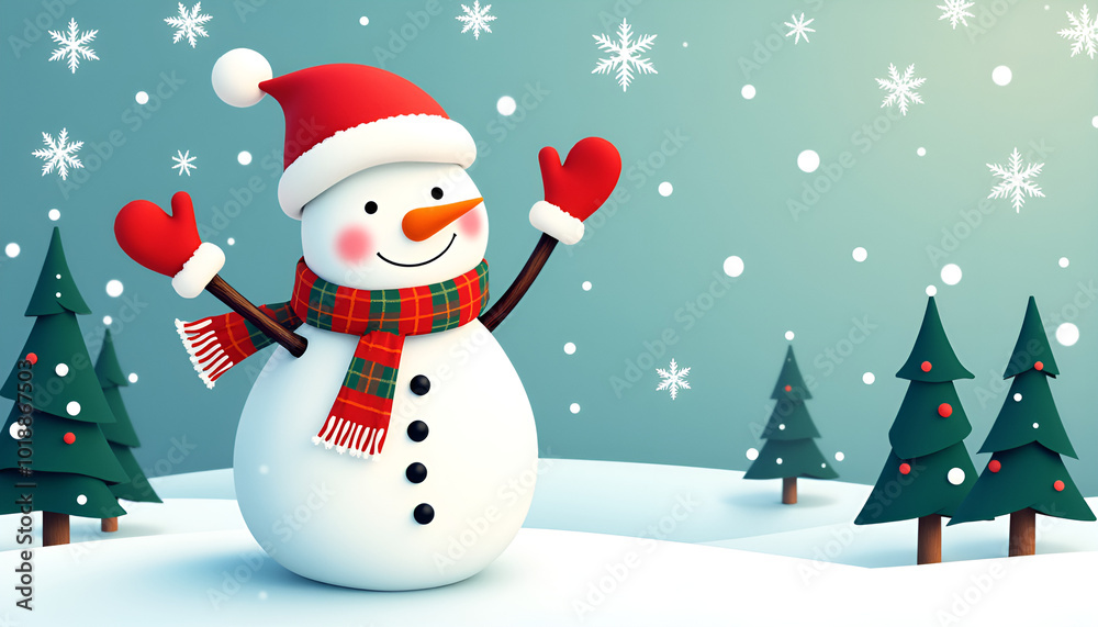 Cheerful snowman with red hat and mittens waving happily against snowy winter backdrop Cheerful snowman with red hat and mittens waving happily against snowy winter backdrop