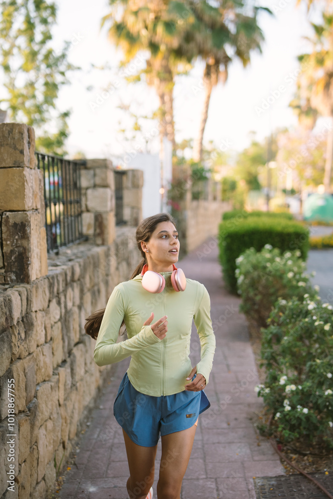 Fototapeta premium A young woman jogs energetically in a vibrant urban setting, enjoying her morning leisure