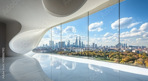 Stunning cityscape view from modern building showcasing nature and urban skyl...