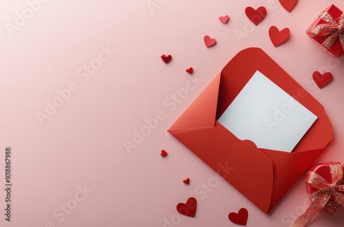 Red envelope and gift box surrounded by heart-shaped decorations for romantic...
