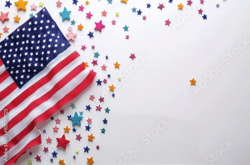 American flag with red and silver stars scattered on a light background for a...