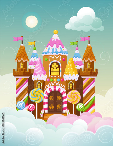 A whimsical candy castle with bright colors and playful details. Vector illustration