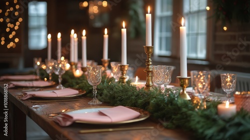 Elegant holiday dining table with candles and greenery arranged for a festive...