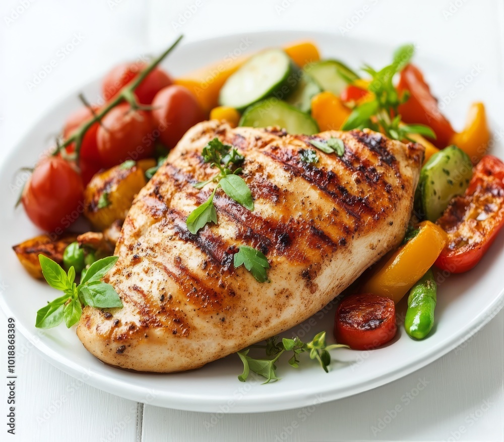 Grilled chicken breast with colorful vegetables served on a white plate Grilled chicken breast with colorful vegetables served on a white plate
