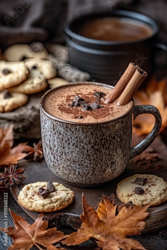 Warm coffee with cinnamon sticks and chocolate chips beside freshly baked coo...