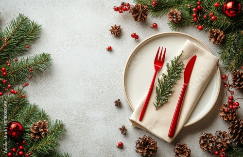 Elegant holiday dining setup featuring red and green decor with festive table...