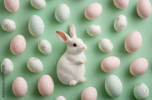 Celebrating Easter with decorative eggs and a cute bunny on a pastel green ba...