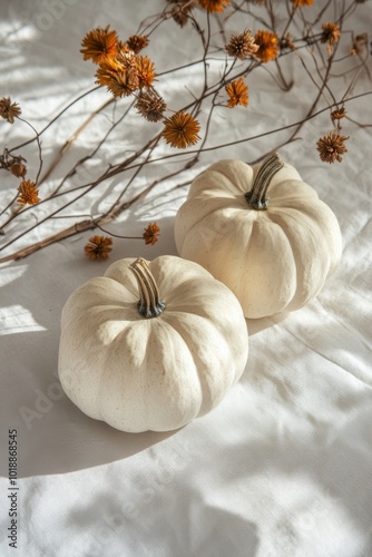 White pumpkins arranged on a marble surface with dried flowers and leaves in ...