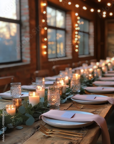 Elegant outdoor dining setup with candles and greenery overlooking the sunset by the ocean photo