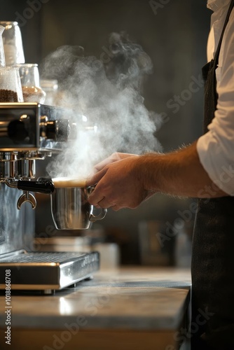 Brewing fresh espresso in a cozy kitchen with steam rising from the cup
