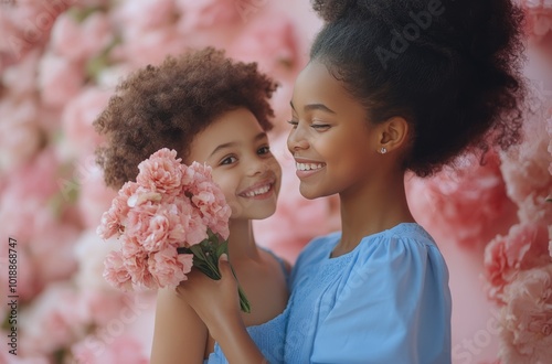 A joyful mother and daughter share a tender moment among pink flowers in a en...