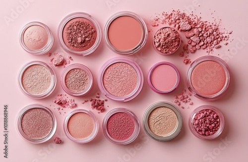 A collection of vibrant pink cosmetic products arranged on a soft pink backgr...