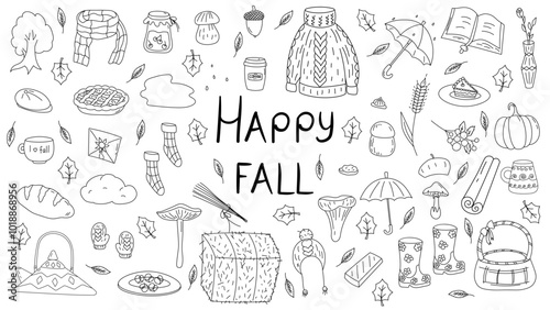 Autumn doodle set, vector isolated hand drawn elements on a white background