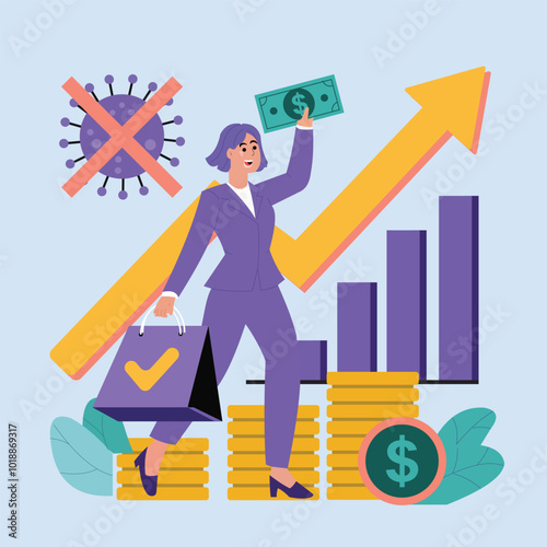 Business Success and Financial Growth Concept with Female Entrepreneur – COVID Recovery and Market Expansion Vector Illustration