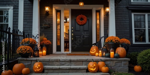 Halloween porch decor idea with carved pumpkins, autumn wreaths and holiday decorations creating a creepy atmosphere. AI generated.