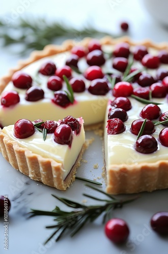 Delicious cranberry tart with creamy filling and fresh herbs served on a gray...