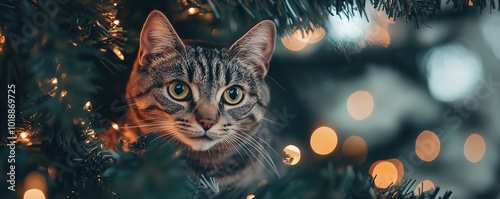 Adorable cat climbed onto decorated festive Christmas tree. Playful curious cat sits comfortably among branches and glowing garland lights. Holiday mischief and joy. Banner with copy space