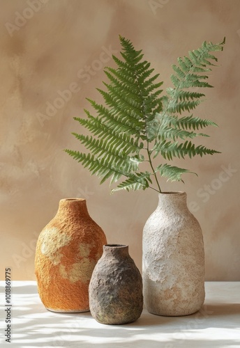 Elegant handcrafted vases with ferns on a soft background in natural lighting