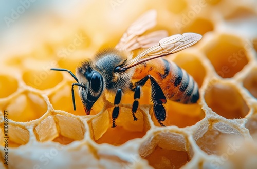 A close-up of a bee foraging on honeycomb in a sunny meadow during the daytime