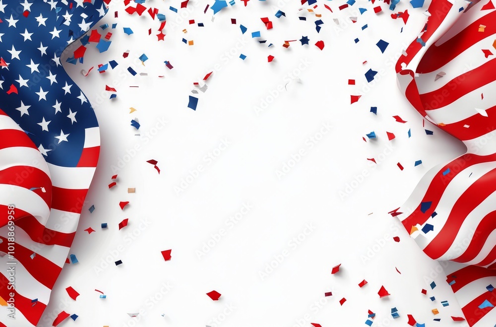 Fototapeta premium American flag draped with colorful confetti celebrating Independence Day