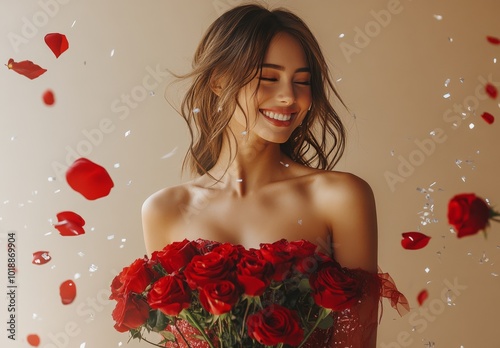 A young woman in a sparkling red dress holding roses and smiling against a go...