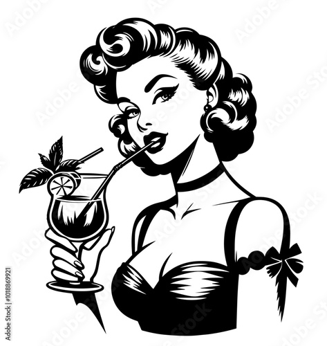 retro pinup girl with cocktail glass black vector illustration