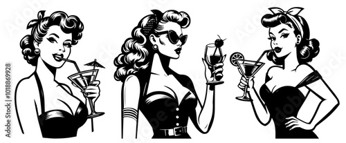 hand-drawn pinup girl holding a cocktail in vintage style black vector set
