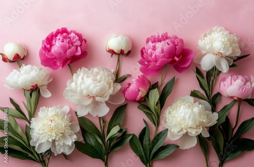 Beautiful arrangement of peonies in various shades on a soft pink background