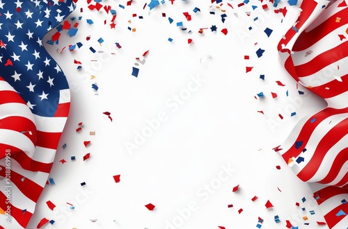 American flag draped with colorful confetti celebrating Independence Day