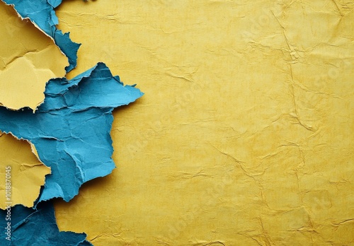 Torn yellow paper revealing a vibrant blue background with textured layers an...