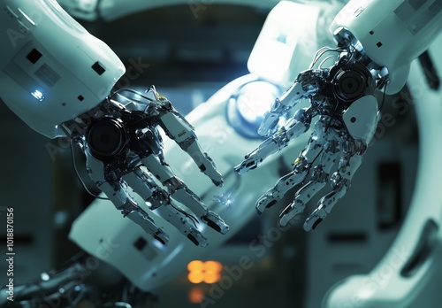 Robotic hands interact in a futuristic laboratory setting during a technology...
