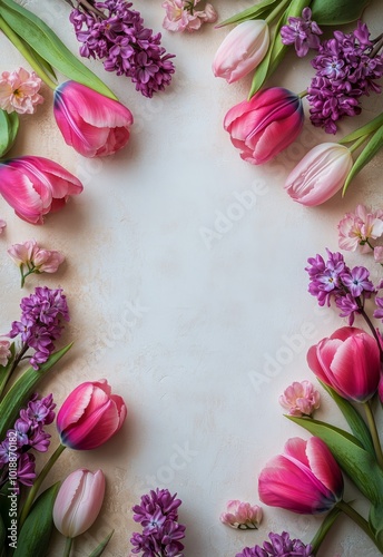 Beautiful spring flowers arranged in a circular pattern on a light background